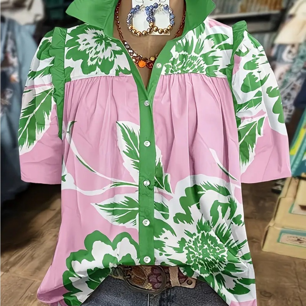 Green & Pink Floral Button-Up Blouse